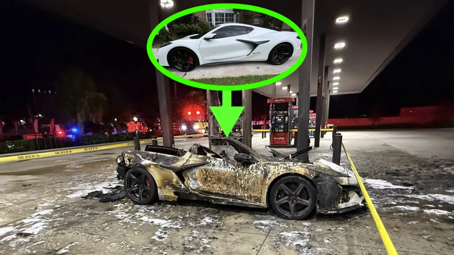 Corvette Z06 i brand på bensinstation