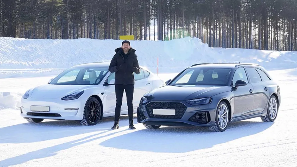 Elbil mot bensin på is och snö