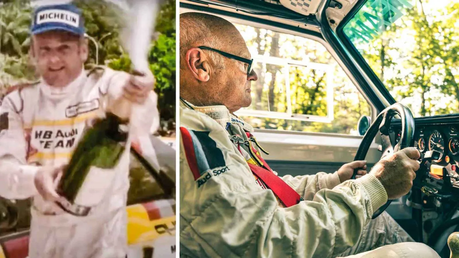 Stig Blomqvist firar VM-guldet 1984 och kör en Audi Quattro i dag, sida vid sida